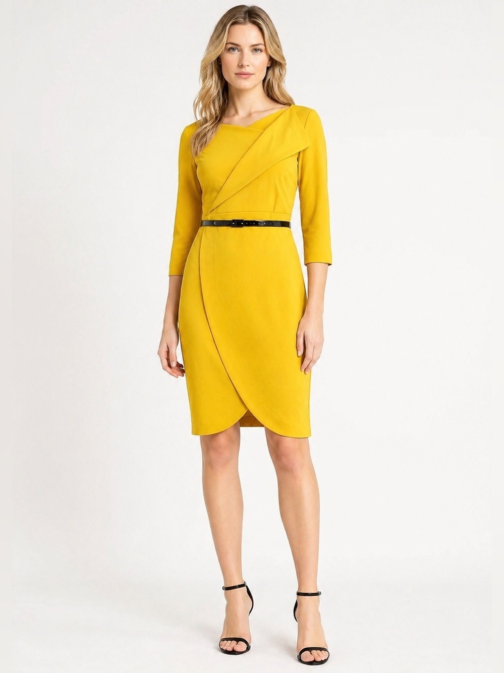 Calvin Klein Bright Yellow Asymmetrical Belted Sheath Dress NWT Size 4